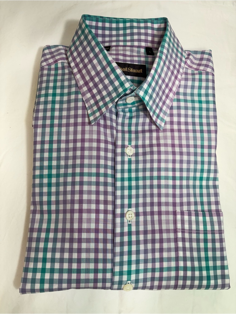 Paul Stuart Teal & Purple Gingham Dress Shirt 💯 Cotton